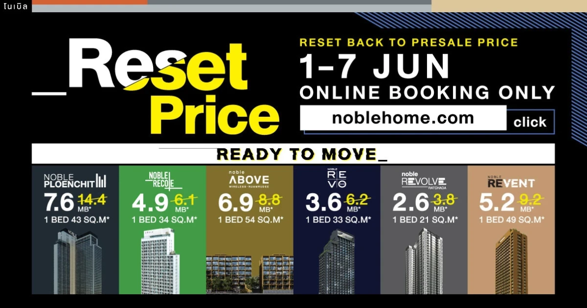 โนเบิล อัดโปรแรง RESET PRICE, RESUME LIFE รีเซ็ตราคาใหม่กลับไปราคาพรีเซล กับ 6 โครงการคอนโดพร้อมอยู่ ผ่าน ONLINE BOOKING 1-7 มิ.ย.นี้