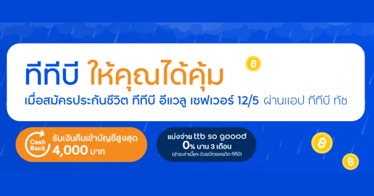 ซื้อประกันชีวิต ทีทีบี อีแวลู เซฟเวอร์ 12/5 ผ่านแอป ทีทีบี ทัช รับเงินคืนสูงสุด 4,000 บาท