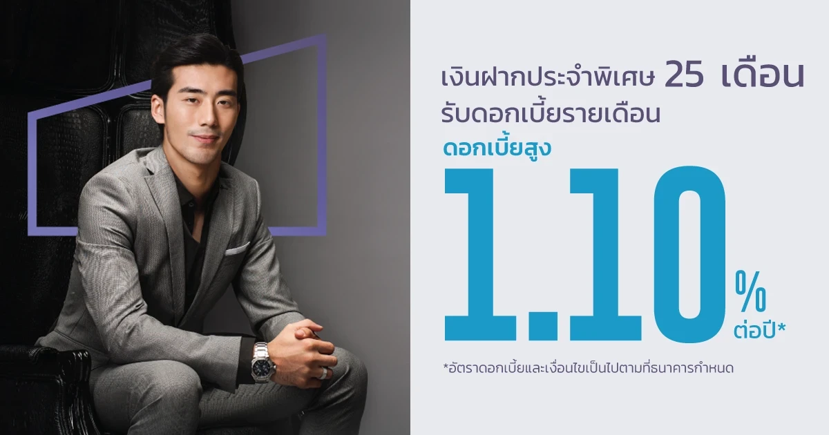 โปรโมชั่นเงินฝากดอกเบี้ยสูง เงินฝากประจำ 25 เดือน ดอกเบี้ยสูง 1.10% ต่อปี จาก ธ.เกียรตินาคินภัทร