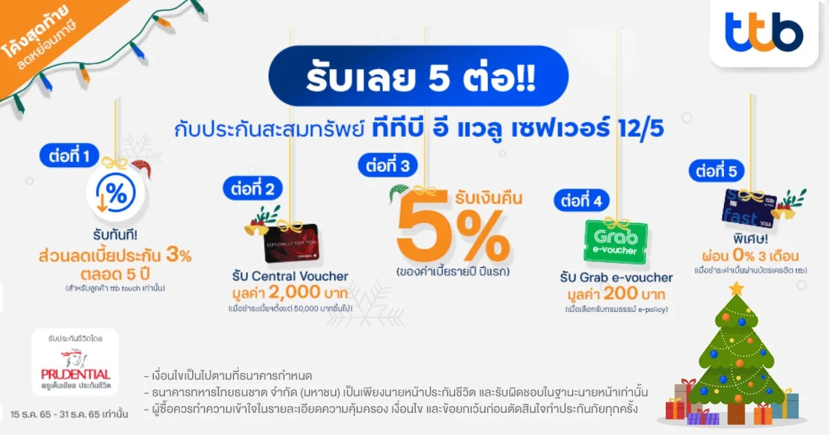 ซื้อประกันชีวิต ทีทีบี อีแวลู เซฟเวอร์ 12/5 ผ่านแอป ทีทีบี ทัช รับเลย 5 ต่อ !!