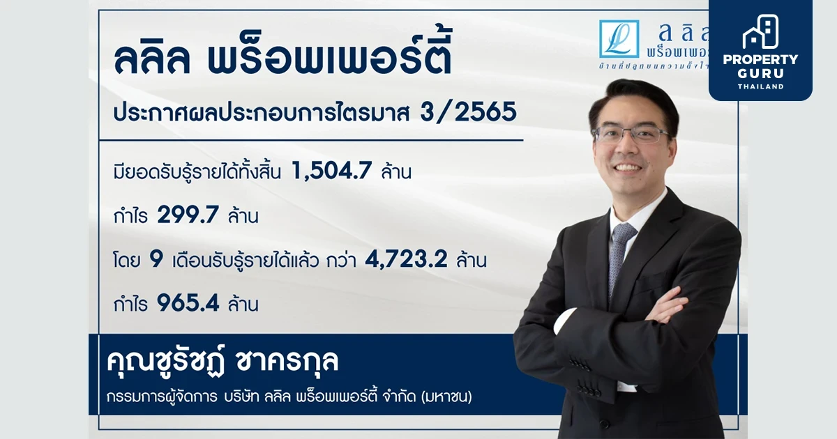 ลลิล พร็อพเพอร์ตี้ แถลงผลประกอบการไตรมาส 3/2565 มียอดรับรู้รายได้ทั้งสิ้น 1,504.7 ล้าน