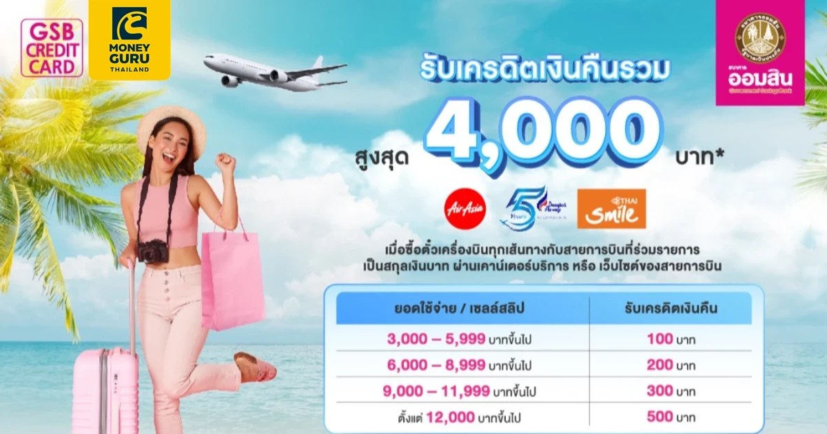 ชิลทุกไฟล์ท ด้วยบัตรเครดิตออมสิน รับเครดิตเงินคืนรวมสูงสุด 4,000 บาท*