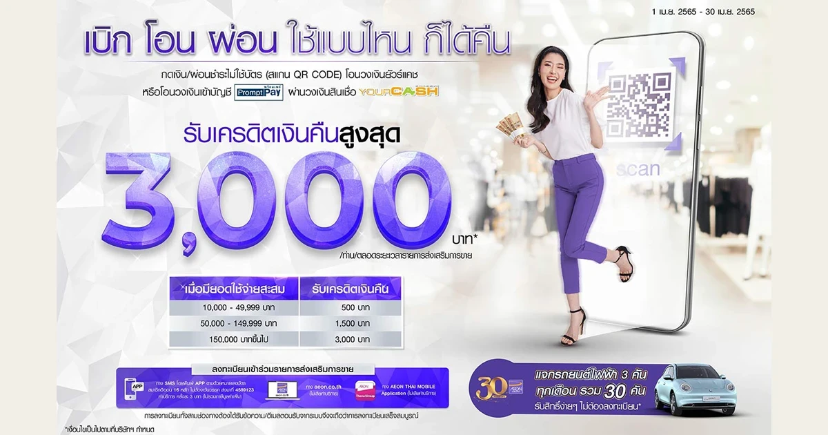 กดเงิน ผ่อนชำระไม่ใช้บัตร (สแกน QR CODE) โอนวงเงินยัวร์แคช หรือ โอนวงเงินเข้าบัญชีพร้อมเพย์ กับอิออนยัวร์แคช รับเครดิตเงินคืน 3,000 บาท