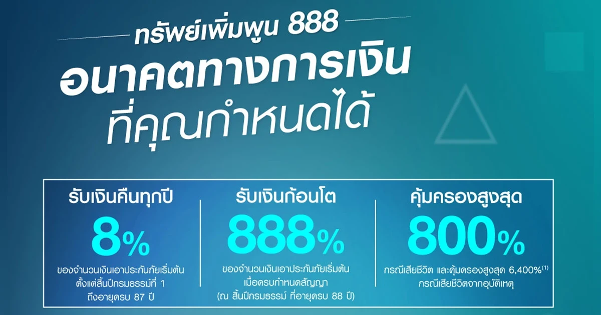 ทรัพย์เพิ่มพูน 888 อนาคตทางการเงินที่คุณกำหนดได้ พิเศษ! รับบัตรกำนัล 1,000 บาท ทุกการชำระค่าเบี้ย 100,000 บาท