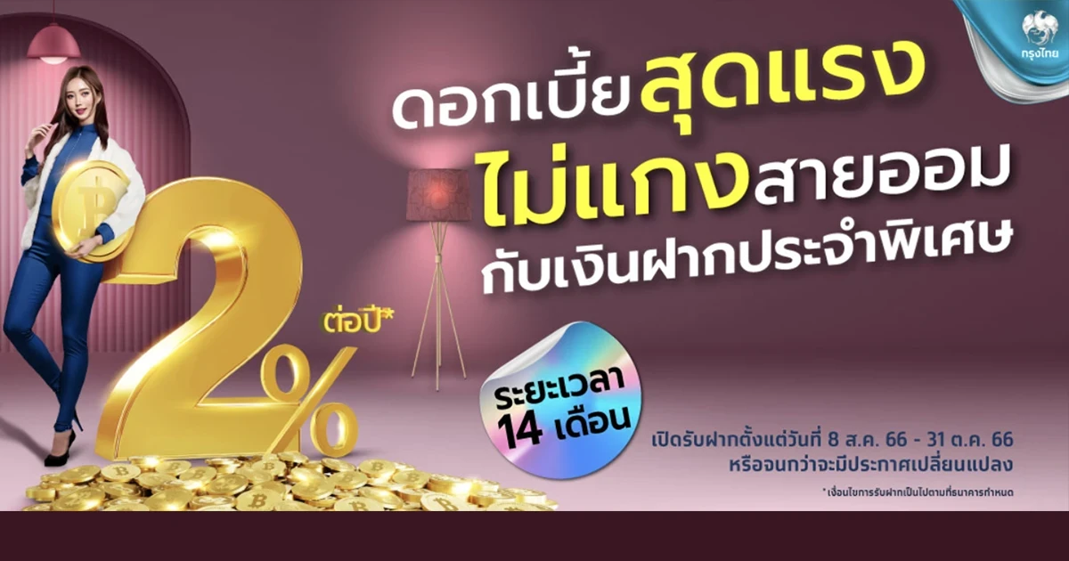 ดอกเบี้ยสุดแรง เปิดบัญชีเงินฝากประจำพิเศษ ระยะเวลา 14 เดือน อัตราดอกเบี้ยสูง 2.00% ต่อปี*
