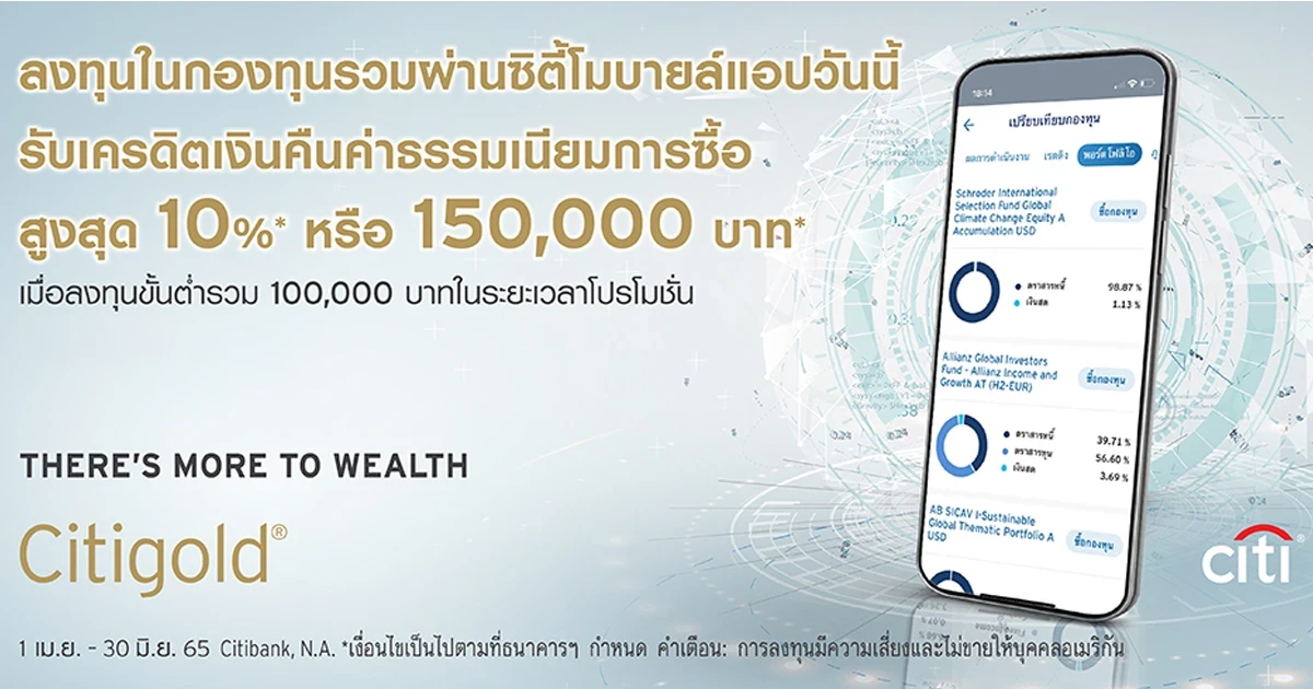 ลงทุนในกองทุนรวมผ่านซิตี้โมบายล์แอปวันนี้ รับเครดิตเงินคืนค่าธรรมเนียมการซื้อ สูงสุด 10% หรือ 150,000 บาท*