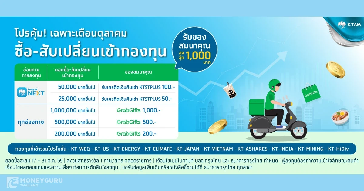 โปรคุ้ม! เฉพาะเดือนตุลาคม ซื้อ - สับเปลี่ยนเข้ากองทุนกับธนาคารกรุงไทย รับของสมนาคุณสูงสุด 1,000 บาท