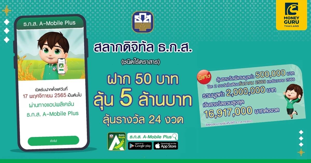 สลากดิจิทัล ธ.ก.ส. ฝาก 50 บาท ลุ้น 5 ล้านบาท เปิดรับฝากตั้งแต่วันที่ 17 พ.ย. 65 เป็นต้นไป