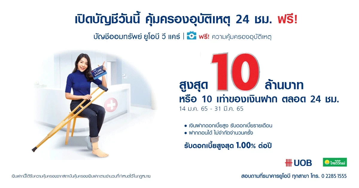 เปิดบัญชีออมทรัพย์ ยูโอบี วีแคร์ รับดอกเบี้ยสูงสุด 1.00% ต่อปี พร้อมรับความคุ้มครองอุบัติเหตุสูงสุด 10 ล้านบาท*
