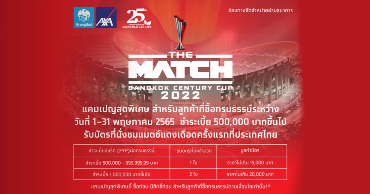 The Match Century Cup Bangkok 2022 รับบัตรที่นั่งชมแมตช์แดงเดือดครั้งแรกที่ประเทศไทย เมื่อซื้อกรมธรรม์ตามเงื่อนไขที่กำหนด