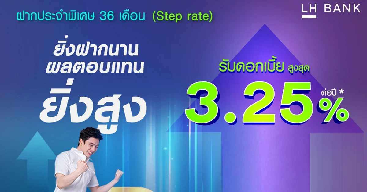 ยิ่งฝากนาน ดอกเบี้ยยิ่งสูงกับบัญชีเงินฝากประจำพิเศษ 36 เดือน (ดิจิทัล) จาก LH Bank ให้ดอกเบี้ยสูงสุด 3.25% ต่อปี*