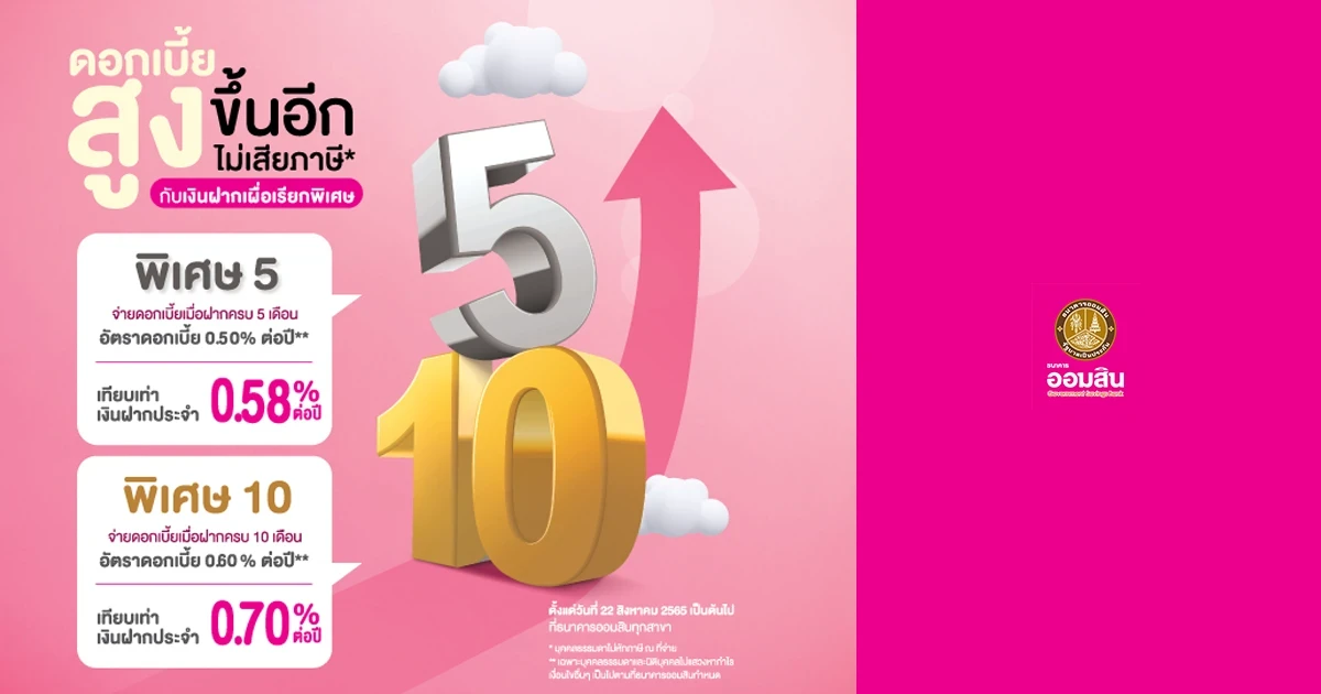 ดอกเบี้ยสูงขึ้นอีก ไม่เสียภาษี กับโปรโมชันเงินฝากเผื่อเรียกพิเศษ 5  เดือน และ 10 เดือน จากธนาคารออมสิน