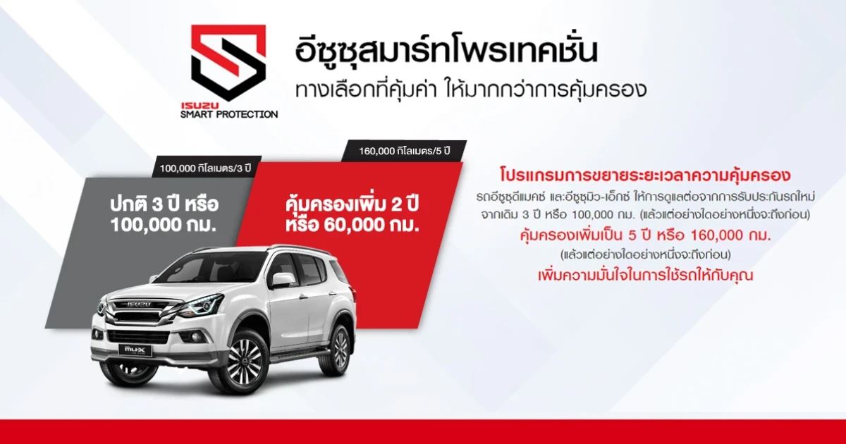 ลูกค้า อีซูซู อุ่นใจยิ่งขึ้น กับโปรแกรม อีซูซุสมาร์ทโพรเทคชั่น ขยายระยะเวลารับประกันเป็น 5 ปี หรือ 160,000 กม.