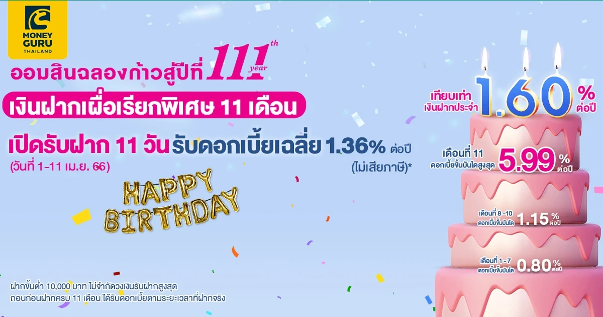 ออมสินฉลองก้าวสู่ปีที่ 111 กับบัญชีเงินฝากเผื่อเรียก 11 เดือน รับดอกเบี้ยสูงสุด 5.99% ต่อปี*