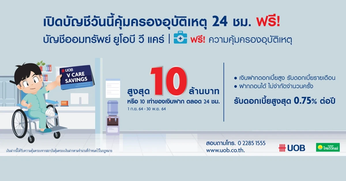 เปิดบัญชีออมทรัพย์ ยูโอบี วีแคร์ รับดอกเบี้ยสูงสุด 0.75% ต่อปี พร้อมรับความคุ้มครองอุบัติเหตุสูงสุด 10 ล้านบาท*