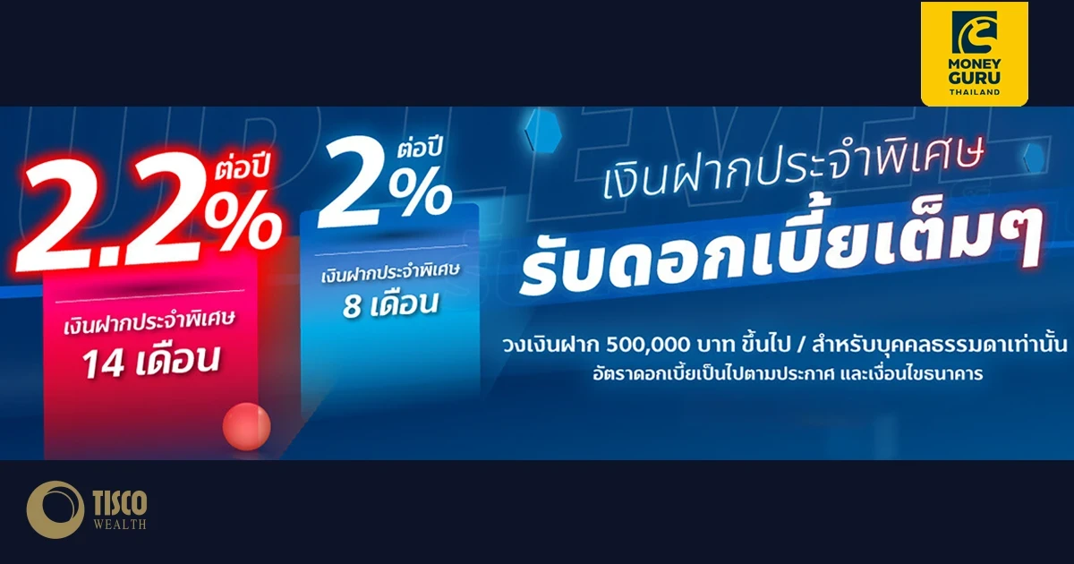 TISCO เปิดบัญชีเงินฝากประจำพิเศษ 8 เดือน ดอกเบี้ยสูง 2% ต่อปี และเงินฝากประจำพิเศษ 14 เดือน ดอกเบี้ยสูง 2.2% ต่อปี