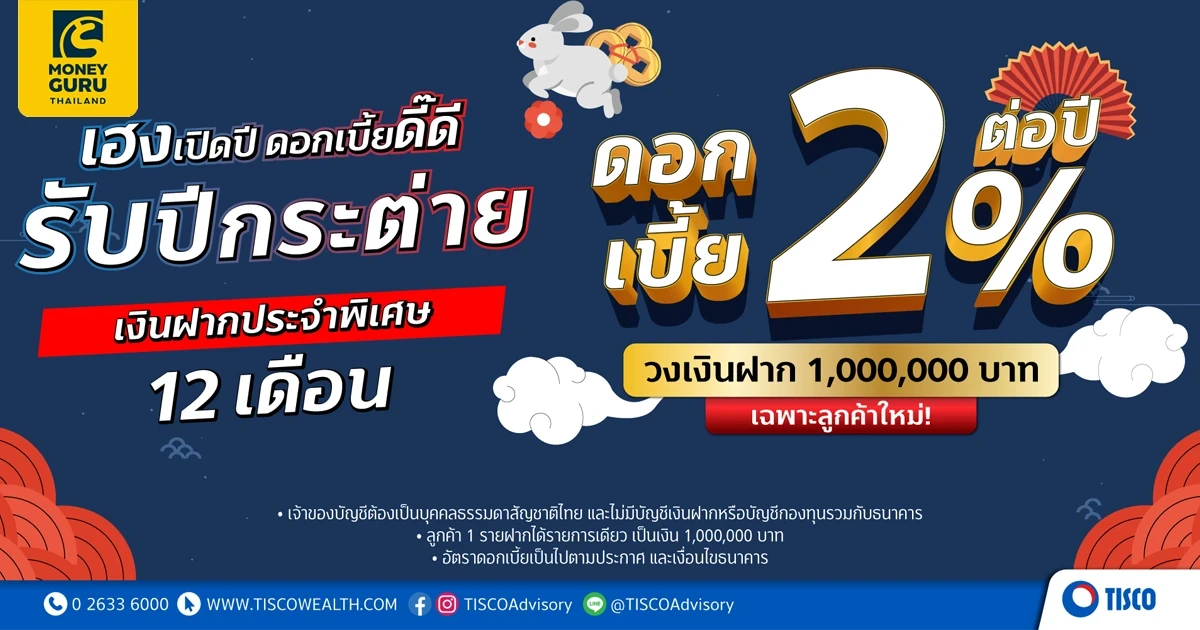 เฮงเปิดปี ดอกเบี้ยดี๊ดี รับปีกระต่าย กับเงินฝากประจำพิเศษ 12 เดือน จากธนาคารทิสโก้ ให้ดอกเบี้ยสูง 2.00% ต่อปี*