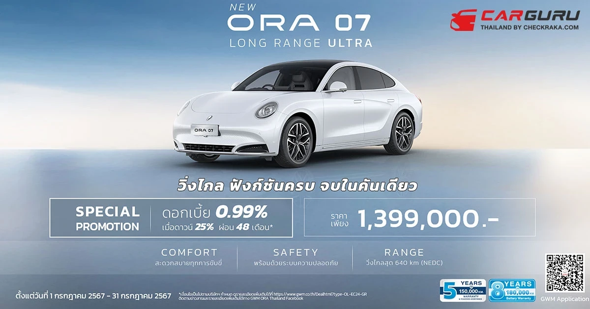 ORA 07 เพิ่มรุ่น LONG RANGE ULTRA ออปชั่นเท่าตัวท็อป ราคา 1.399 ล้านบาท