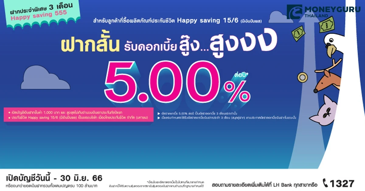ฝากสั้น รับดอกเบี้ยสู๊ง สูง 5.00% ต่อปี* กับบัญชีเงินฝากประจำพิเศษ 3 เดือน Happy saving 555 เมื่อสมัครผลิตภัณฑ์ประกันชีวิต Happy saving 15/6