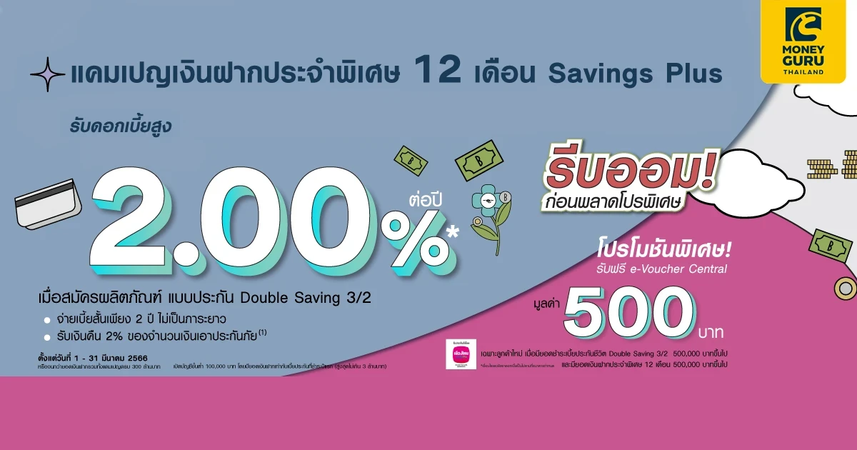 โปรโมชันเงินฝากประจำพิเศษ 12 เดือน Savings Plus รับดอกเบี้ยสูง 2.00% ต่อปี รีบออมก่อนพลาดโปรพิเศษ!