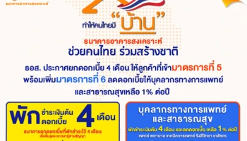 ธอส. ประกาศยกดอกเบี้ย 4 เดือน ให้ลูกค้าที่เข้ามาตรการที่ 5 พร้อมเพิ่มมาตรการที่ 6 ลดดอกเบี้ยให้บุคลากรทางการแพทย์และสาธารณสุขเหลือ 1% ต่อปี