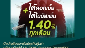 บัญชีออมทรัพย์ธุรกิจคุ้มค่า สำหรับลูกค้านิติบุคคล ให้คุณรับดอกเบี้ยเพิ่มสูงสุด 1.40% ทุกเดือน*