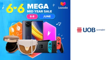 6.6 Lazada Mega Mid Year Sales สิทธิพิเศษสำหรับลูกค้าบัตรเครดิตยูโอบี รับส่วนลดสูงสุด 400 บาท* เมื่อช้อปครบ 2,499 บาทขึ้นไป