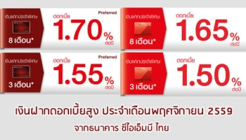 เงินฝากประจำดอกเบี้ยสูง ประจำเดือนพฤศจิกายน 2559 จาก ธ.ซีไอเอ็มบี ไทย