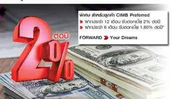 บัญชีเงินฝากประจำพิเศษเงินบาท คู่ US Dollar จาก CIMB ให้ดอกเบี้ยสูงสุด 2.00% ต่อปี*