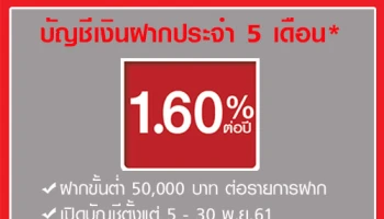 บัญชีเงินฝากประจำ 5 เดือน* จาก ธ.ซีไอเอ็มบี ไทย ให้ดอกเบี้ยสูง 1.60% ต่อปี
