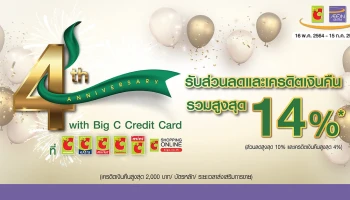 รับส่วนลด และเครดิตเงินคืนรวมสูงสุด 14% เมื่อใช้จ่ายผ่านบัตรเครดิตเครดิตบิ๊กซี ที่บิ๊กซีทุกสาขา