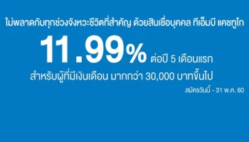 พิเศษ! ดอกเบี้ย 11.99% ต่อปี 5 เดือนแรก กับสินเชื่อบุคคล ทีเอ็มบี แคชทูโก
