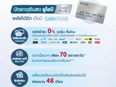 สมัครบัตรกดเงินสด ยูโอบี CASH PLUS วันนี้ รับสิทธิพิเศษเพิ่ม 2 ต่อ ถึง 31 มีนาคม 2565