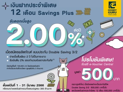 โปรโมชันเงินฝากประจำพิเศษ 12 เดือน Savings Plus รับดอกเบี้ยสูง 2.00% ต่อปี รีบออมก่อนพลาดโปรพิเศษ!