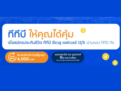 ซื้อประกันชีวิต ทีทีบี อีแวลู เซฟเวอร์ 12/5 ผ่านแอป ทีทีบี ทัช รับเงินคืนสูงสุด 4,000 บาท