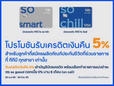 รับเครดิตเงินคืน 5% สำหรับลูกค้าที่สมัครผลิตภัณฑ์ประกันชีวิตที่ร่วมรายการที่ ทีทีบี ทุกสาขา