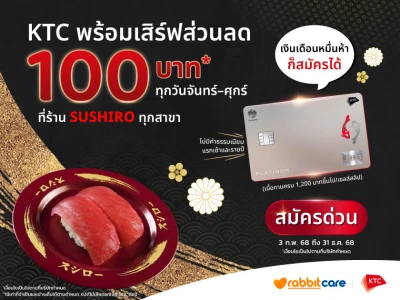 สายซูชิต้องไม่พลาด! KTC พร้อมเสิร์ฟส่วนลด 100 บาท* ที่ร้าน SUSHIRO ทุกสาขา