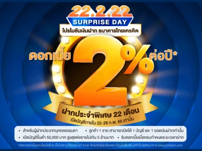 โปรโมชั่นบัญชีเงินฝากประจำพิเศษ ระยะเวลาฝาก 22 เดือน อัตราดอกเบี้ย 2.00% จาก ธ.ไทยเครดิต