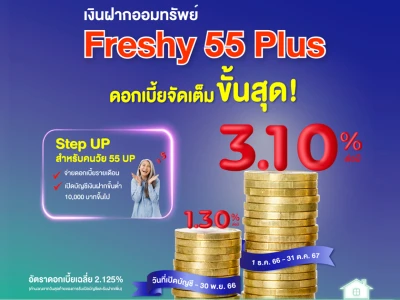 บัญชีเงินฝากออมทรัพย์ Freshy 55 Plus รับดอกเบี้ยแบบจัดเต็มสูงสุด 3.10% ต่อปี