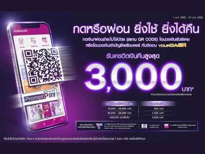 กดเงิน ผ่อนชำระไม่ใช้บัตร (สแกน QR CODE) โอนวงเงินยัวร์แคช หรือ โอนวงเงินเข้าบัญชีพร้อมเพย์ กับอิออนยัวร์แคช รับเครดิตเงินคืนสูงสุด 3,000 บาท